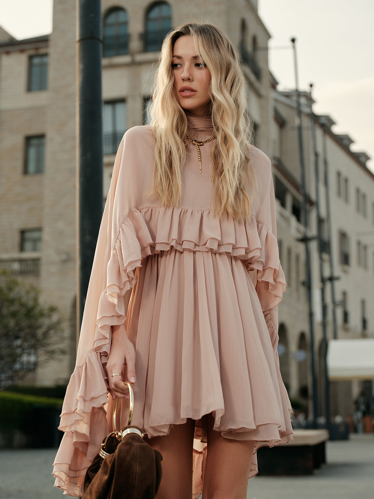 Semi-Sheer Chiffon Ruffle Dress With Outer Cape