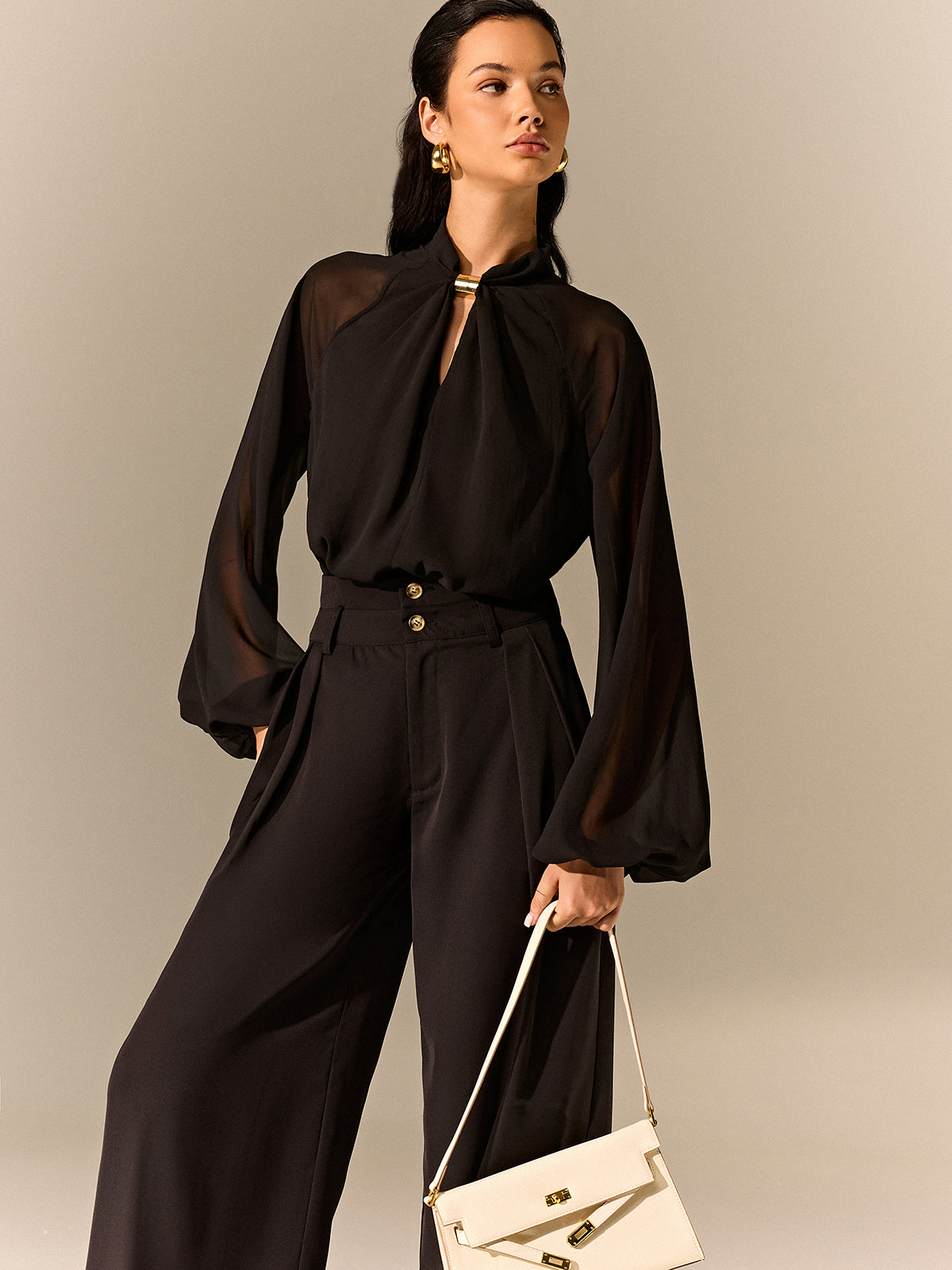 Semi-Sheer Chiffon Blouse with Neckline Metal Detail