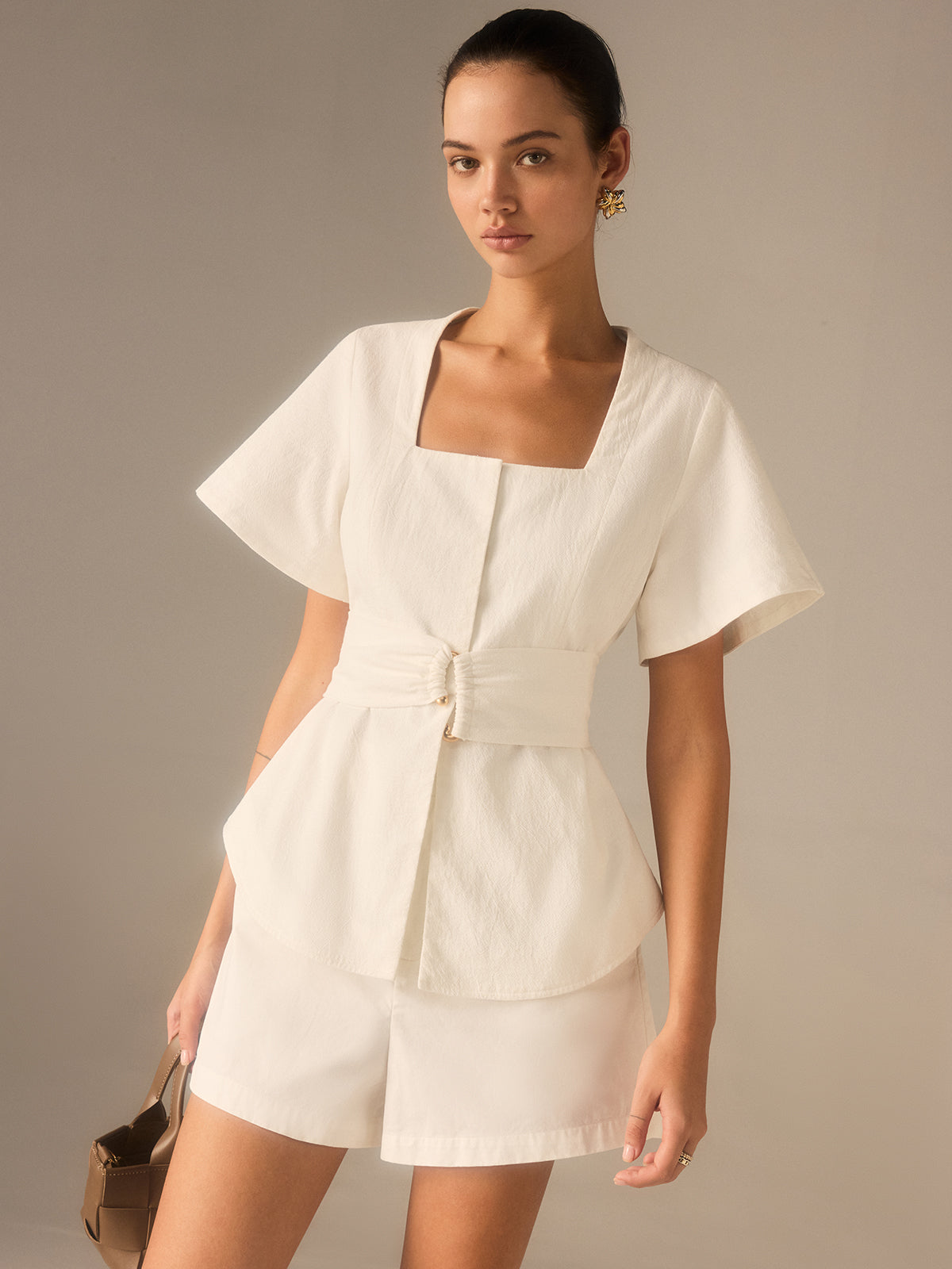 Cotton Square Neckline Top with Belted Waist