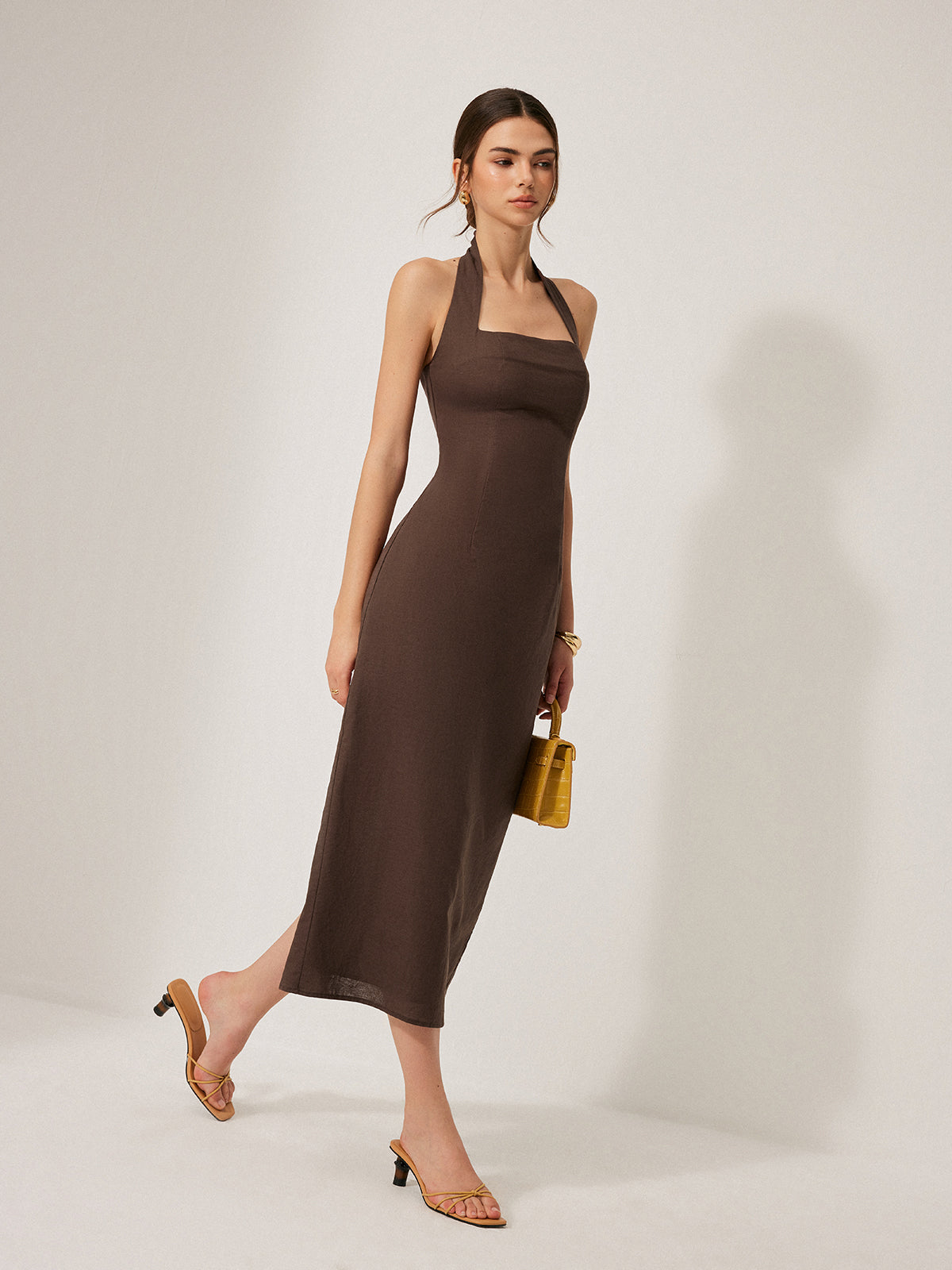 Cotton & Linen Halter Backless Split Dress