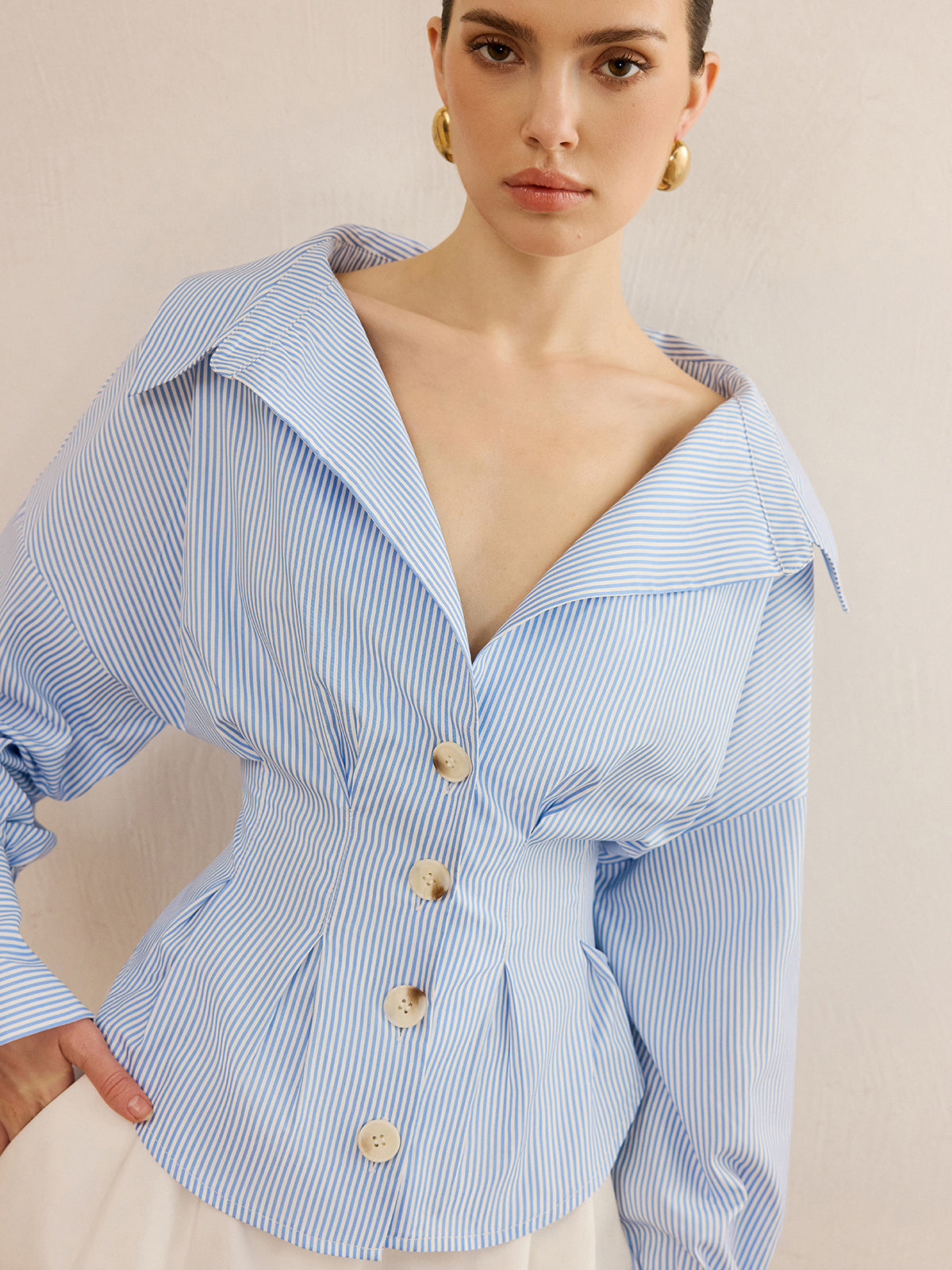 Striped Collared Shirt with Waist-Cinching Design