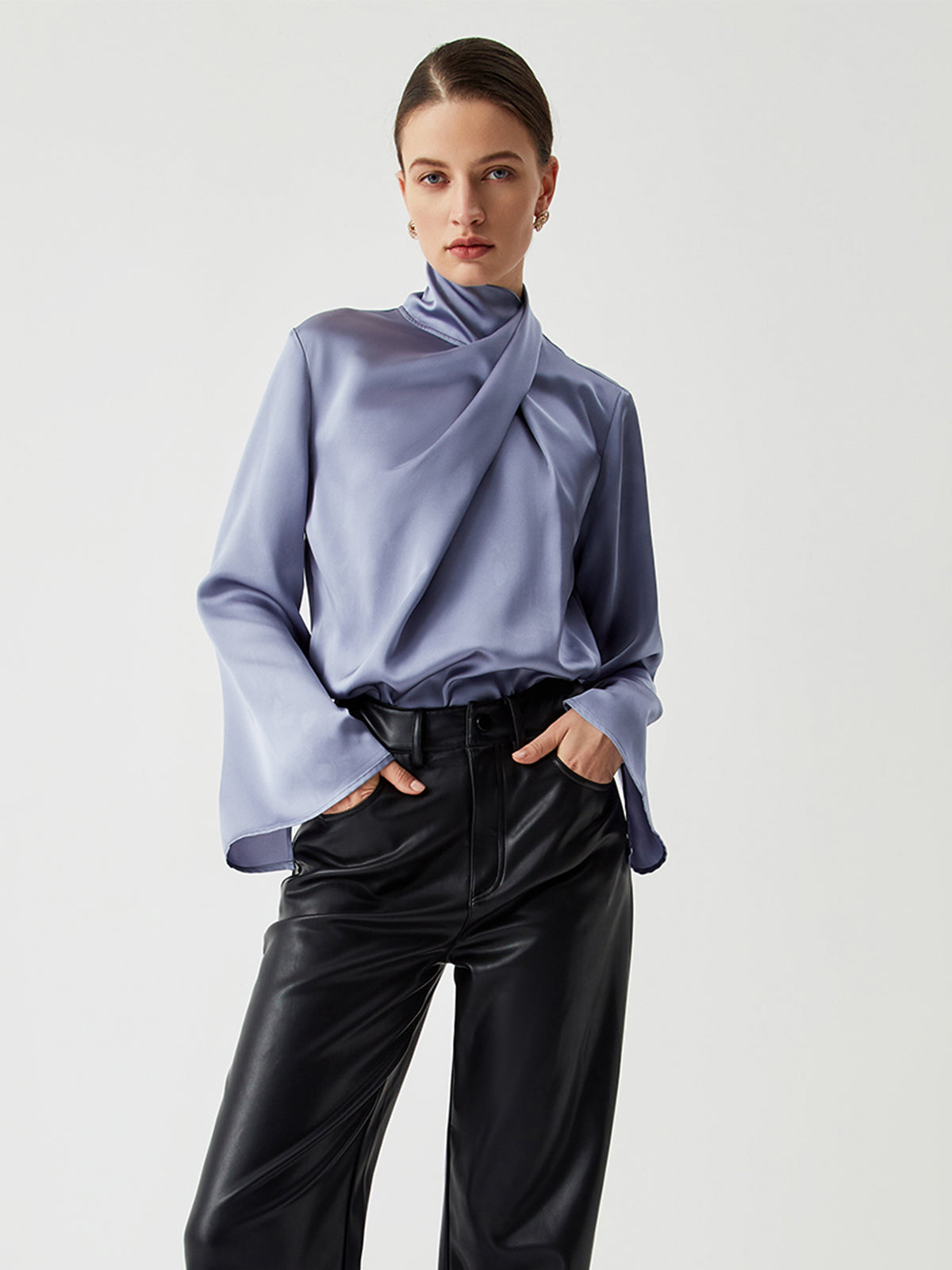 Asymmetric Pleated Turtleneck Satin Blouse