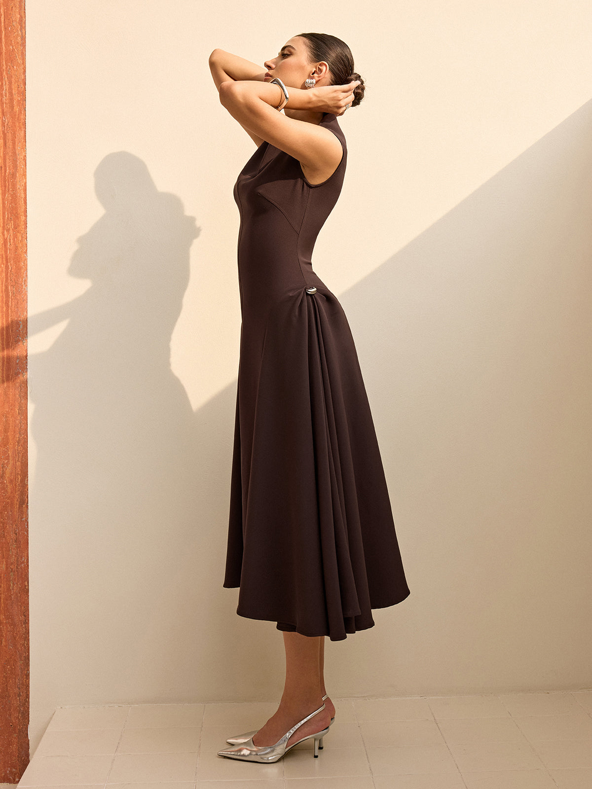 Asymmetrical Neck Cap Sleeve Maxi Dress