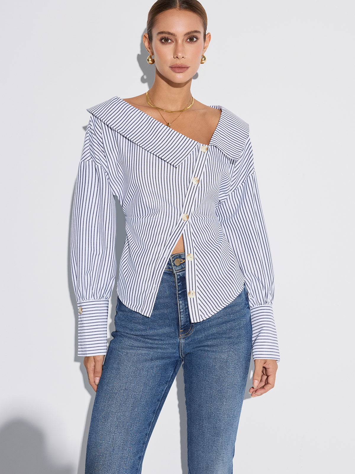 Striped Asymmetrical Placket Button Shirt